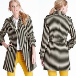 Ann Taylor LOFT Striped Trench Coat Black & White Belted Double Breasted Small